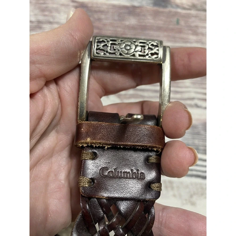 Columbia Mens Woven Leather Belt Brown Braided Gold Tone Buckle 44 Inch